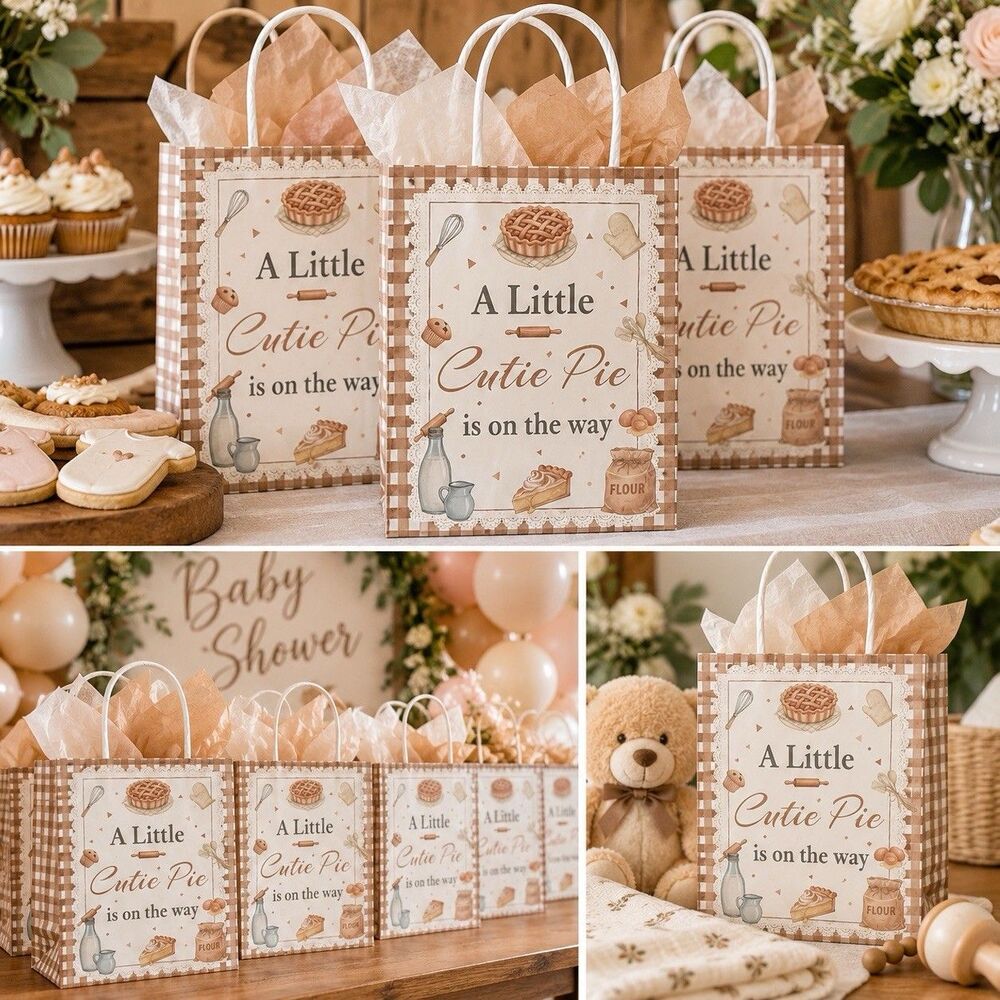 16 Baby Shower Paper Gift Bags “A Little Cutie Pie” Bakery Favor Bags Handles